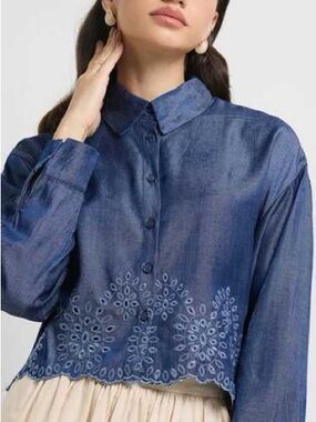 ZARA Blue Chambray Eyelet Embroidered Cropped Top Scalloped Hem Button Down